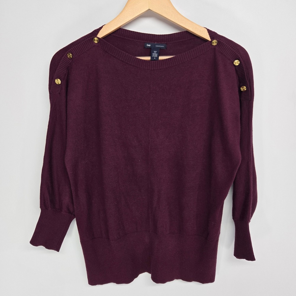 Gap Sweater Women Small Burgundy Gold Button Shoulder Boat Neck Knit Pullover